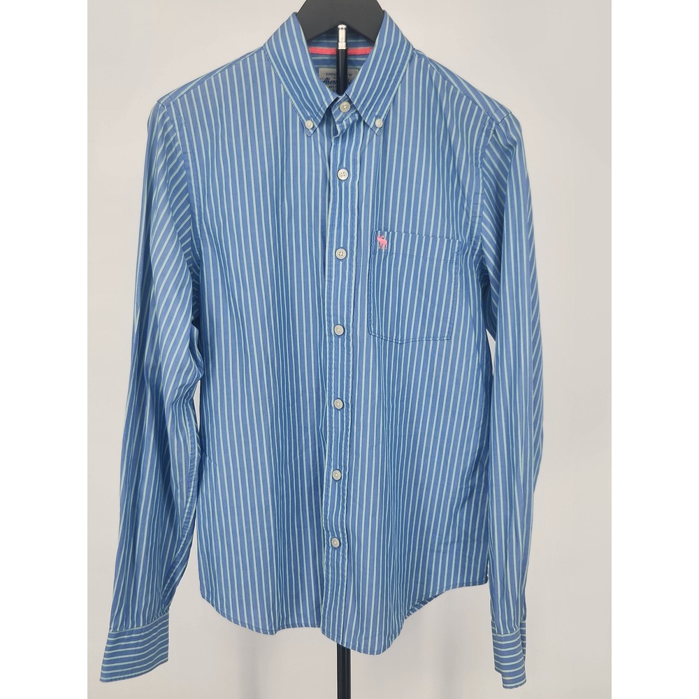 Abercrombie & Fitch‎ Mens Blue Striped Long Sleeve Button Down Shirt M Pink Logo